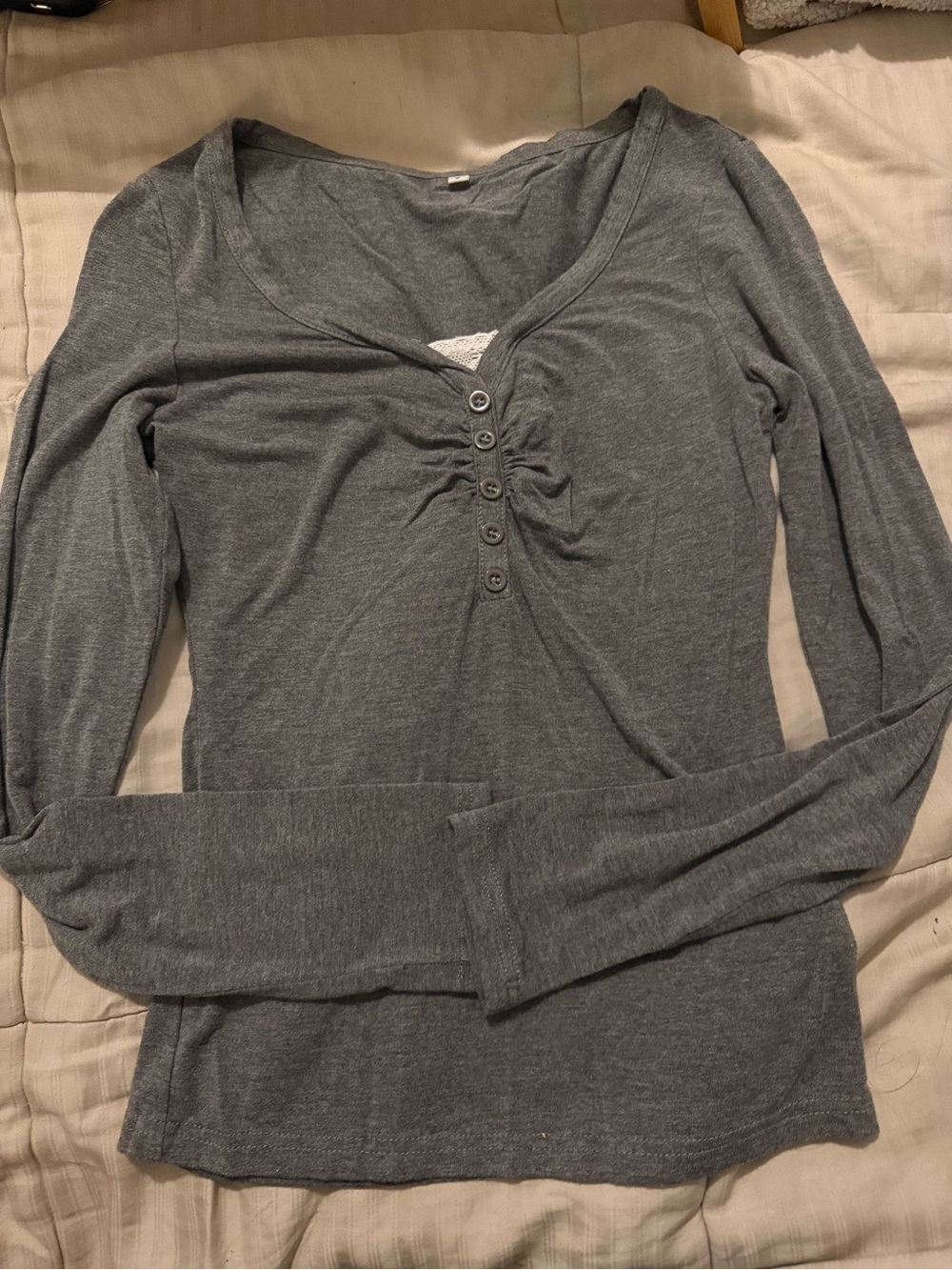 SHEIN Gray Long-Sleeve Henley Top with Button Detail